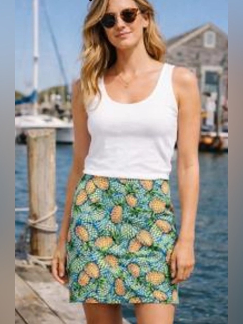 Talbots 10P Pineapple Print A-Line Skirt - Blue & Green, Pockets